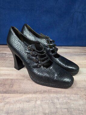 Salvatore Ferragamo Black Ostrich Multi-Buckle Heels